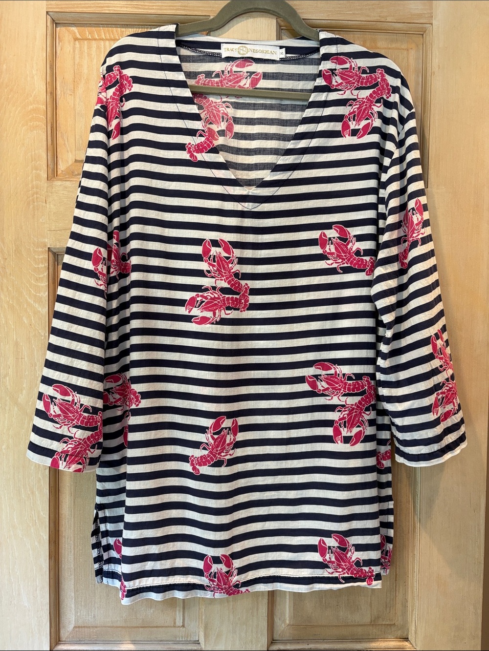 Tracy Negoshian 100% Cotton Navy & White Striped V-Neck Tunic with Lobsters XL
